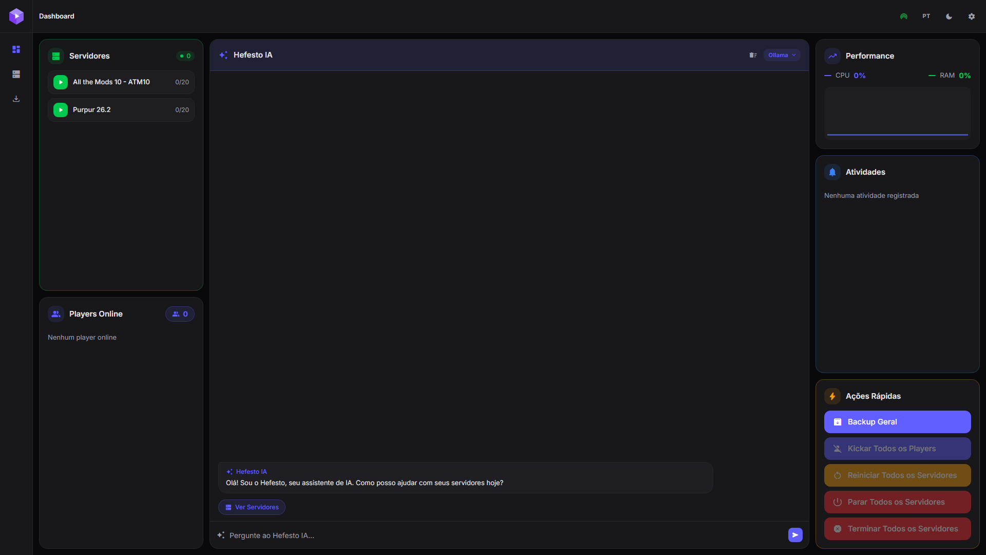 Captura de tela do Easy Server: Dashboard com o assistente Hefesto IA, lista de servidores, monitoramento de CPU/RAM e ações rápidas